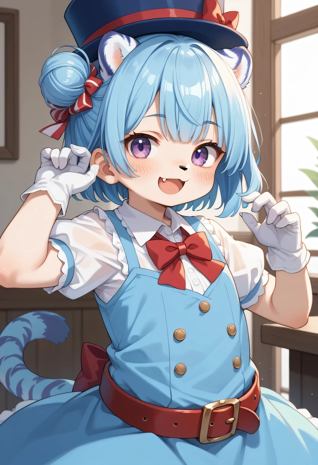 score_9, score_8_up, score_7_up, score_6_up, score_5_up, score_4_up, source_anime, best quality, amazing quality, very aesthetic, absurdres, 1girl, (furry, kemono1.2), tiger, tiger girl, solo, blue hair, gloves, white gloves, bow, red bow, hair bun, hat, short sleeves, blue headwear, purple eyes, puffy sleeves, smile, open mouth, red bowtie, dress, bowtie, belt, virtual youtuber, puffy short sleeves, shirt, blue dress, blush, fangs, white shirt, arm up, looking at viewer, single side bun, :d, single hair bun, short hair, fang, hat bow, collared shirt, sleeveless, sleeveless dress, top hat