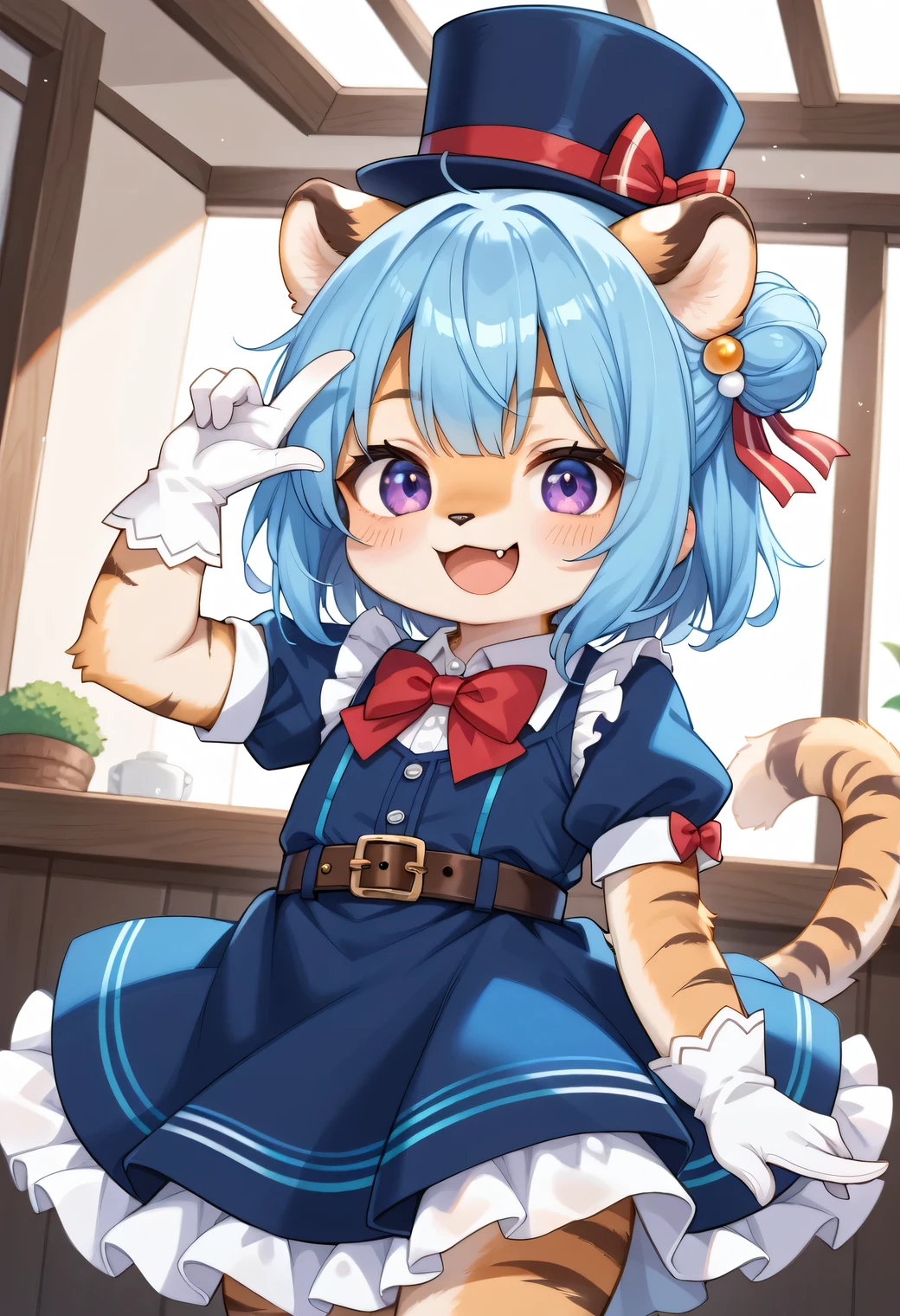 score_9, score_8_up, score_7_up, score_6_up, score_5_up, score_4_up, source_anime, best quality, amazing quality, very aesthetic, absurdres, 1girl, (furry, kemono1.2), tiger, Chibi character style, solo, blue hair, gloves, white gloves, bow, red bow, hair bun, hat, short sleeves, blue headwear, purple eyes, puffy sleeves, smile, open mouth, red bowtie, dress, bowtie, belt, virtual youtuber, puffy short sleeves, shirt, blue dress, blush, fangs, white shirt, arm up, looking at viewer, single side bun, :d, single hair bun, short hair, fang, hat bow, collared shirt, sleeveless, sleeveless dress, top hat