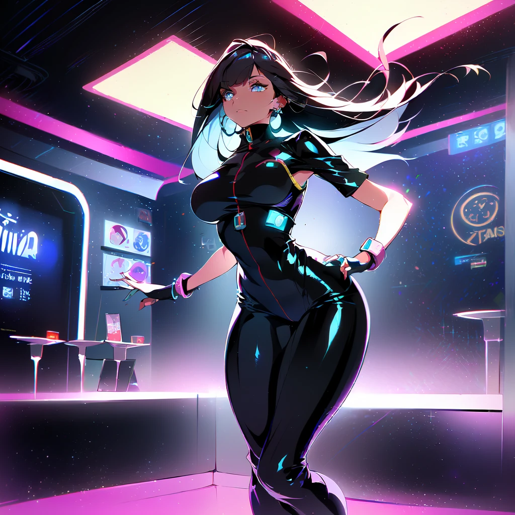 
(((best quality)), ((masterpiece)), (detailed), "full body portrait of a Tina, a stunning young Latina woman with long, flowing black hair and a curvy, sexy body, She’s in a shiny black bodysuit with knee-high boots, a sleek silver cuff bracelet, and hoop earrings, dancing in a futuristic club where glowing lights pulse with the music.
