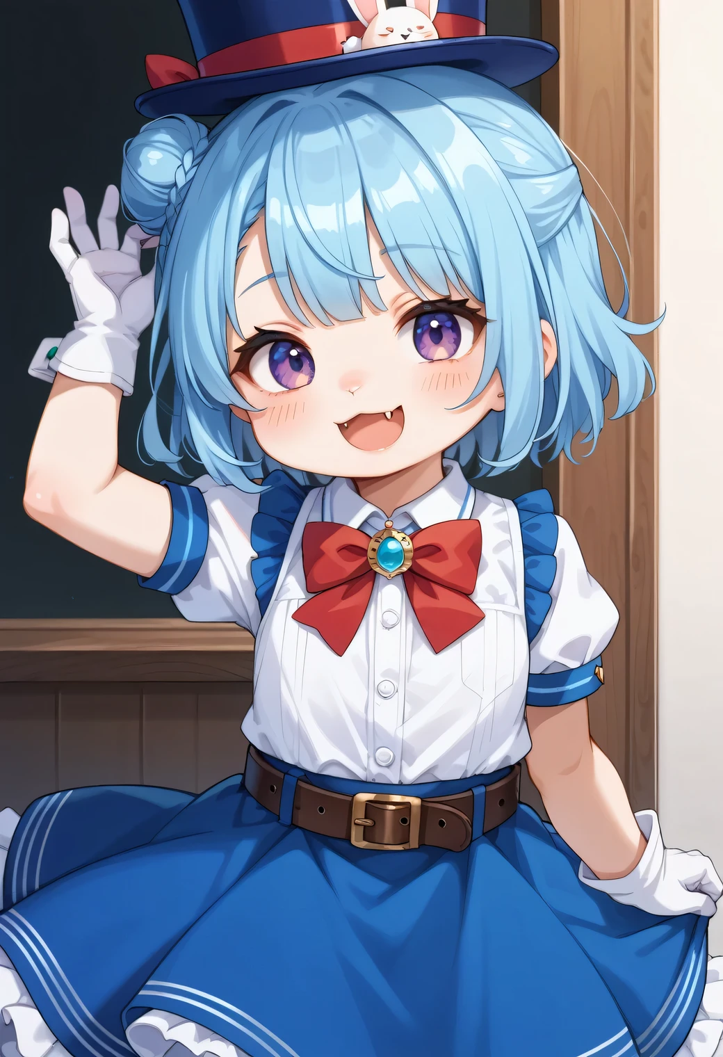 score_9, score_8_up, score_7_up, score_6_up, score_5_up, score_4_up, source_anime, best quality, amazing quality, very aesthetic, absurdres, 1girl, (furry, kemono1.3), rabbit, Chibi character style, solo, blue hair, gloves, white gloves, bow, red bow, hat, short sleeves, blue headwear, purple eyes, puffy sleeves, smile, open mouth, red bowtie, dress, bowtie, belt, virtual youtuber, puffy short sleeves, shirt, blue dress, blush, fangs, white shirt, arm up, looking at viewer, single side bun, :d, short hair, fang, hat bow, collared shirt, sleeveless, sleeveless dress, top hat