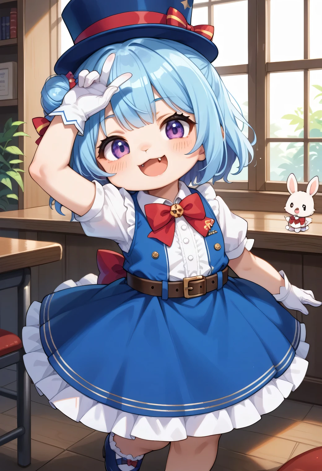 score_9, score_8_up, score_7_up, score_6_up, score_5_up, score_4_up, source_anime, best quality, amazing quality, very aesthetic, absurdres, 1girl, (furry, kemono1.3), rabbit, Chibi character style, solo, blue hair, gloves, white gloves, bow, red bow, hat, short sleeves, blue headwear, purple eyes, puffy sleeves, smile, open mouth, red bowtie, dress, bowtie, belt, virtual youtuber, puffy short sleeves, shirt, blue dress, blush, fangs, white shirt, arm up, looking at viewer, single side bun, :d, short hair, fang, hat bow, collared shirt, sleeveless, sleeveless dress, top hat