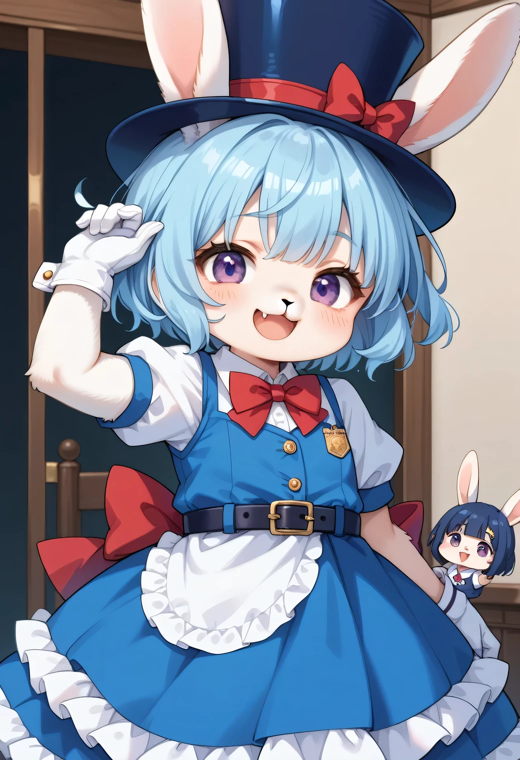 score_9, score_8_up, score_7_up, score_6_up, score_5_up, score_4_up, source_anime, best quality, amazing quality, very aesthetic, absurdres, 1girl, (furry, kemono1.3), rabbit, Chibi character style, rabbit face, rabbit ears, rabbit nose, solo, blue hair, gloves, white gloves, bow, red bow, hat, short sleeves, blue headwear, purple eyes, puffy sleeves, smile, open mouth, red bowtie, dress, bowtie, belt, puffy short sleeves, shirt, blue dress, blush, fangs, white shirt, arm up, looking at viewer, :d, short hair, fang, hat bow, collared shirt, sleeveless, sleeveless dress, top hat