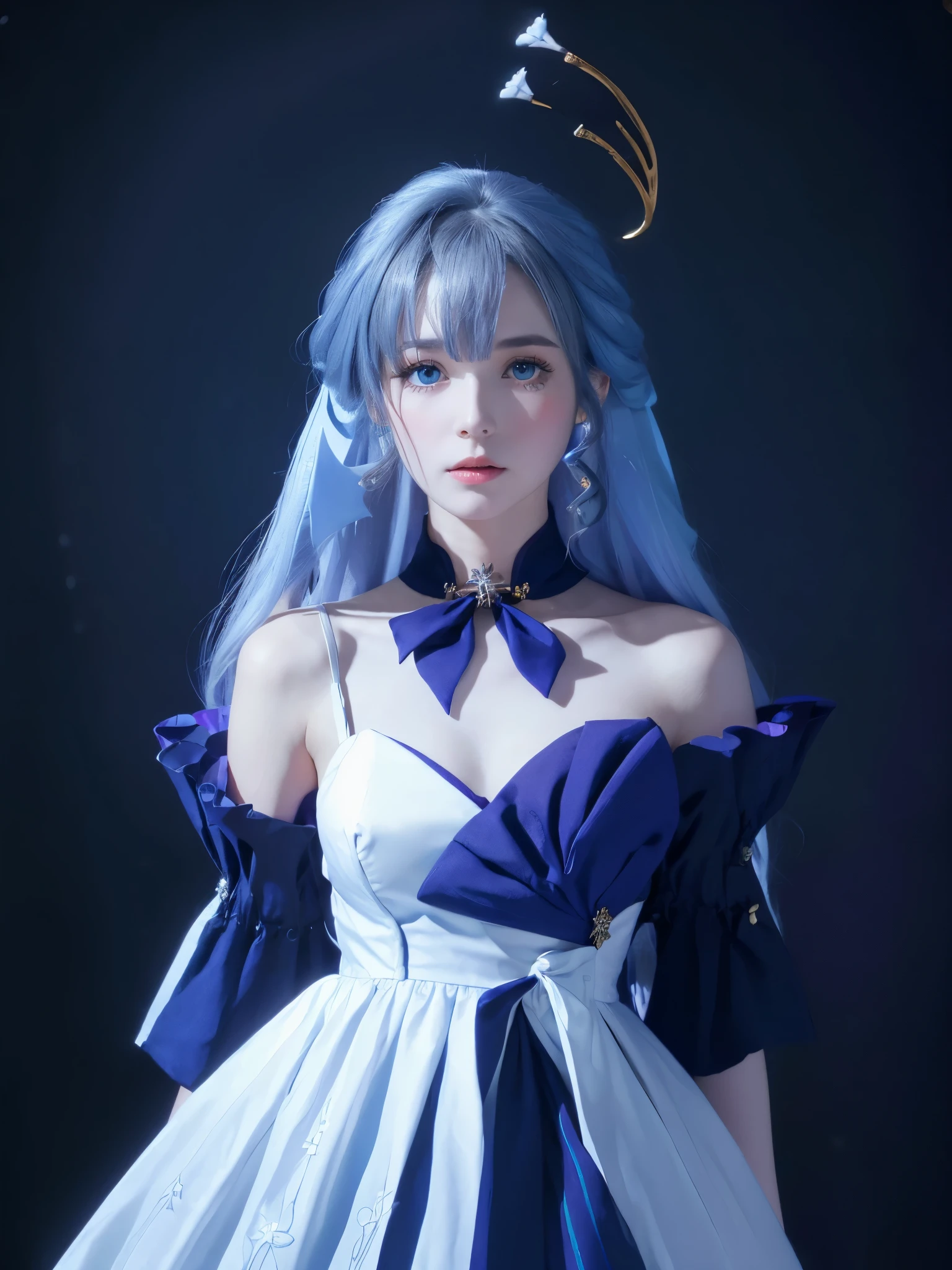 A solo brunette , pale skin , with sapphire blue eyes , bow adorned with dark blue flowers and a wide {x} wearing a blue dress with black decorations, with a low top hat , Blue Ribbon, with dark blue flowers and a wide , Long brimmed .