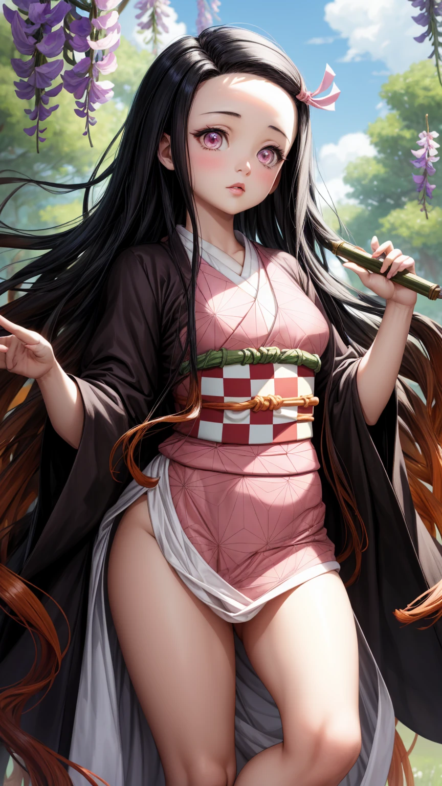  masterpiece, (Pink Kimono), Seductive face,  good lighting , neckline, Fine details,  masterpiece, bright eyes, 1 girl,  black hair, mordacity, bamboo, Nezuko Kamado, wisteria background,  masterpiece,  the best quality, to throw,  Whole body,  Wide Hips ,