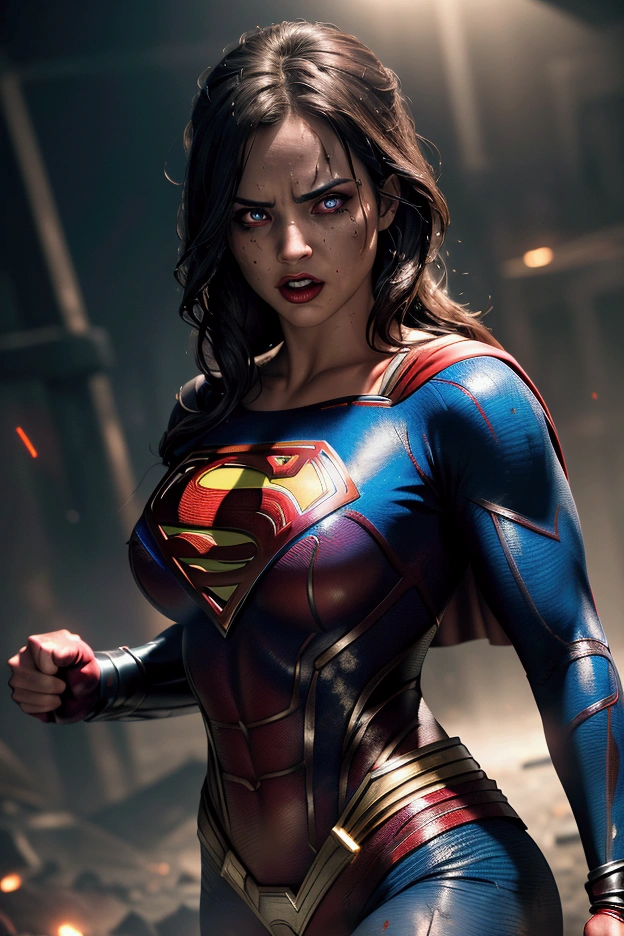 cowboy shot of supergirl, athletic, short black hair, wide hips, glowing red eyes, cape, angry, storm clouds, realistic