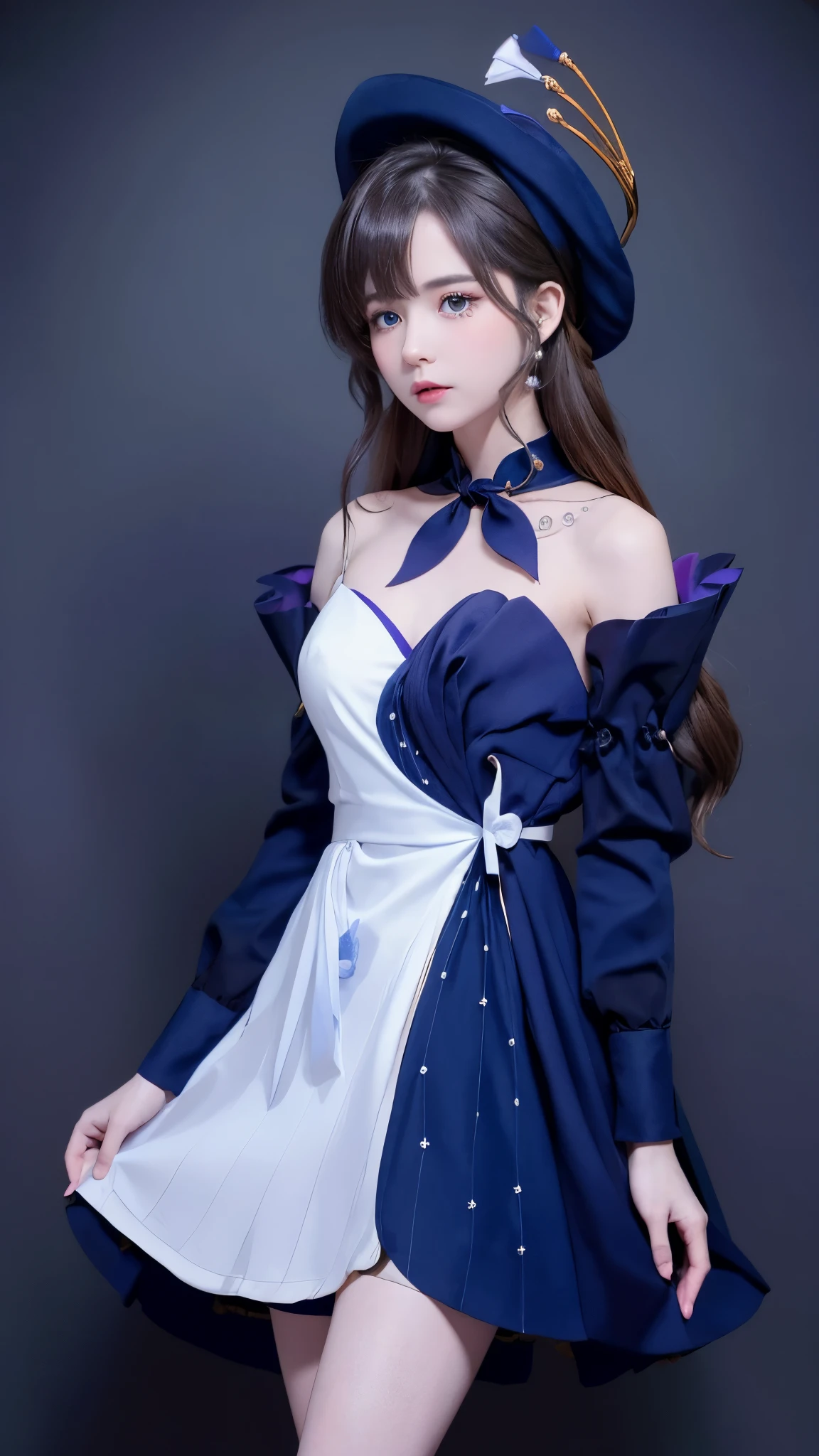   A woman with brown hair all alone  ,   pale skin  ,  of bows, with sapphire eyes  ,  bow adorned  has dark blue flowers and a wide   {ten}   bow adorned with dark blue flowers and a wide {x} wears a blue dress with black decorations ,   with low top  , Blue Ribbon,   has dark blue flowers and a wide   , Long brimmed hat  ，thigh