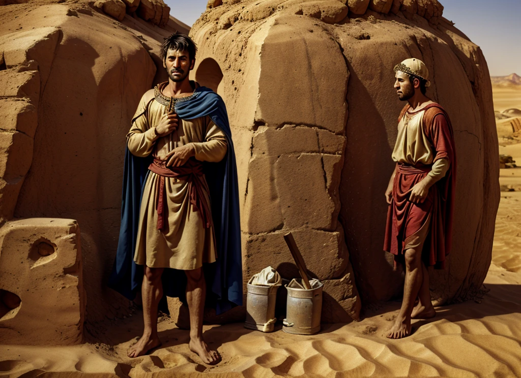 create a medieval biblical image of a man being stoned in the desert. 