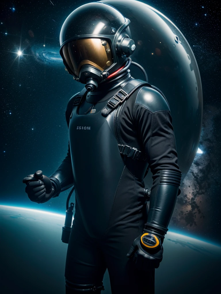 ((best quality)), ((masterpiece)), (detailed), perfect face, detailed, full body, pose, bright yellows, streetwear, techwear, dark skinned, shoot, spaceship, spacesuit, male