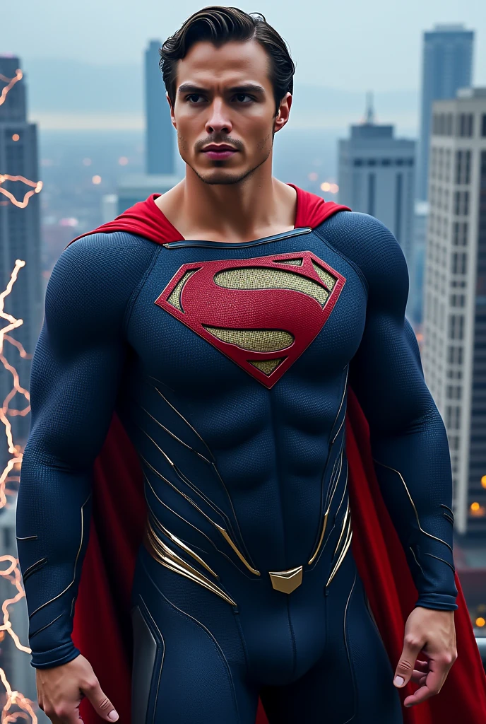 The son (male) de flash y supergirl, adult, with a fused suit of both superheroes (Red and blue), and with a cape, rubio... Con traje de flash y supergirl fusionados, and lightning emblem and the "s" (de superman)