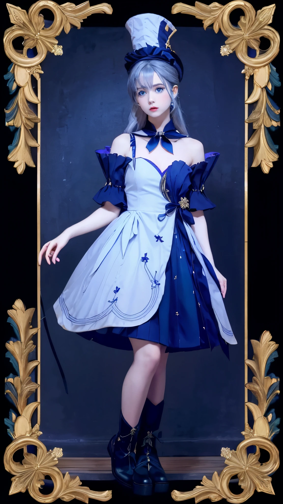 A solo brunette , pale skin , with sapphire blue eyes , bow adorned with dark blue flowers and a wide {x} wearing a blue dress with black decorations, with a low top hat , Blue Ribbon, with dark blue flowers and a wide , Long brimmed ,Boots