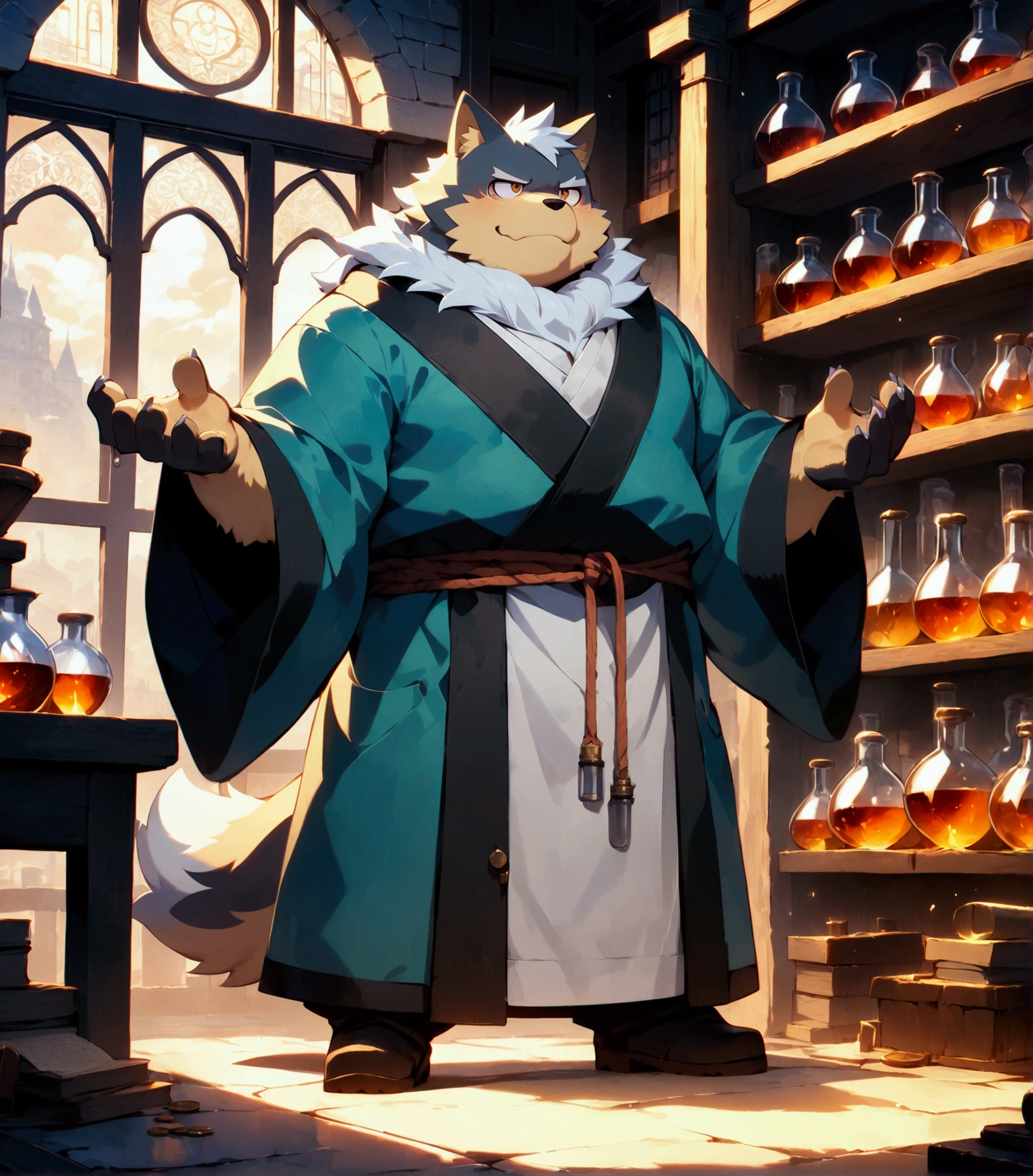 character focus, full body, looking away, dynamic angle, alchemist, a plump middle-aged dog man, little smile, alchemy robe, standing, (shaking a test tube), elegant pose, BREAK complete anatomy, perfect proportions, beautiful thigh gap, fluffy body, intricate fur details, beautiful fur texture, BREAK detailed elegant dog tail, detailed boots, beautiful foot, detailed hands, 5fingers, 5fingers nails, BREAK aesthetic anime face, insanity detailed face, male face, big face, square jawline, aesthetic anime eyes, detailed brown eyes, detailed brown cornea, detailed dark brown irises, detailed pupils, male eyes, big eyes, male eyebrows, innocent look, beautiful beard, BREAK full body in Michelangelo Buonarroti style, digital illustration anime, detailed painting landscape, afternoon, alchemy shop, indoor, full color, HDR, BREAK masterpiece, official art, best quality, very aesthetic, absurdres, super fine illustration, great quality, BREAK noise reduction, very highres, large filesize, high quality, 32K, 8k wallpaper, dynamic lighting, BREAK insanity detailed, ultra detailed, intricate details, extremely detailed, detailed texture, an extremely delicate and beautiful, BREAK osukemo, e621 illustration, Fur Affinity illustration, kemohomo, housamo, anthropomorphic, furry, cartoon, harmonic body, pastoral face, virtuous eyes, epic atmosphere