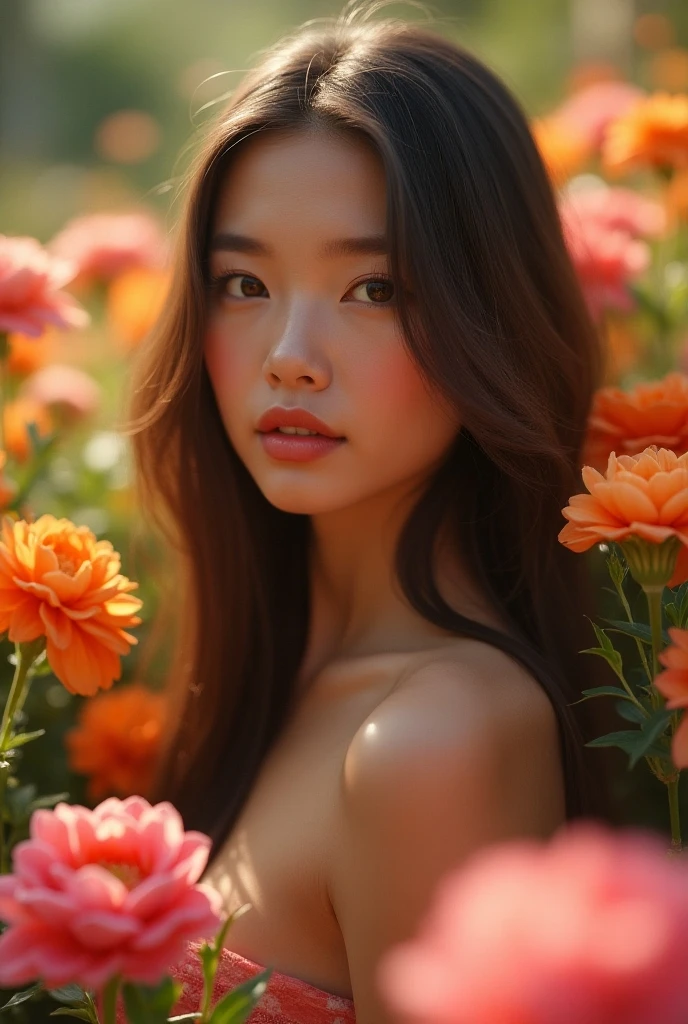 highly detailed, 8k, masterpiece, 1girl, black_curly_hair, nude, smile, (perfect_face), bound, close-up, bdsm, on_back, ornate, intricate, dramatic lighting, 4k, detailed_background, caustics, full_body, ((in the style of metart)) half-asian, mixed asian-european, bronze skin ((film grain, soft lens)) in a garden, wild orchard, surrounded by fruit bearing trees