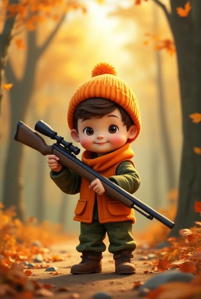 Generate an image of a 10-year-old boy holding a shotgun in the forest