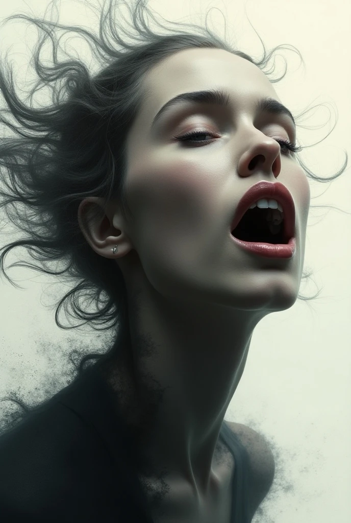 ink illustration, ink stains, ink splatters, ink runs, ink spots, faded ink, physically emotive woman screaming in anguish, (on a reflective surface:1.4), sunrise, detailed, amazing natural lighting, monochromatic colors, enveloped in ribbons of mist, asymmetrical fractal pattern, mentixis, linquivera