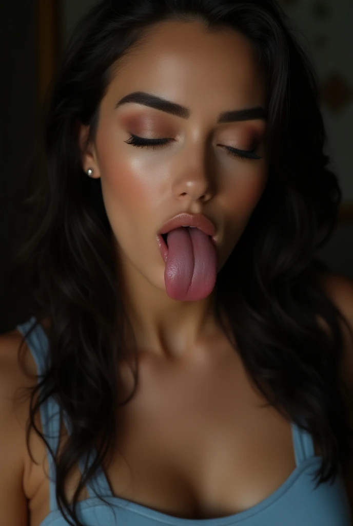 ultra realistic, photography, long black straight hair, girl, 30 years old, hourglass figure, perfect fit body, natural big breasts, seductive look, facing the camera, blur background, she is sitting on the bed naked, she has her mouth open and her tongue out, there is milk on her tongue and running back into her throat, the camera is above her, she is looking up to the camera, she also has some milk on her face