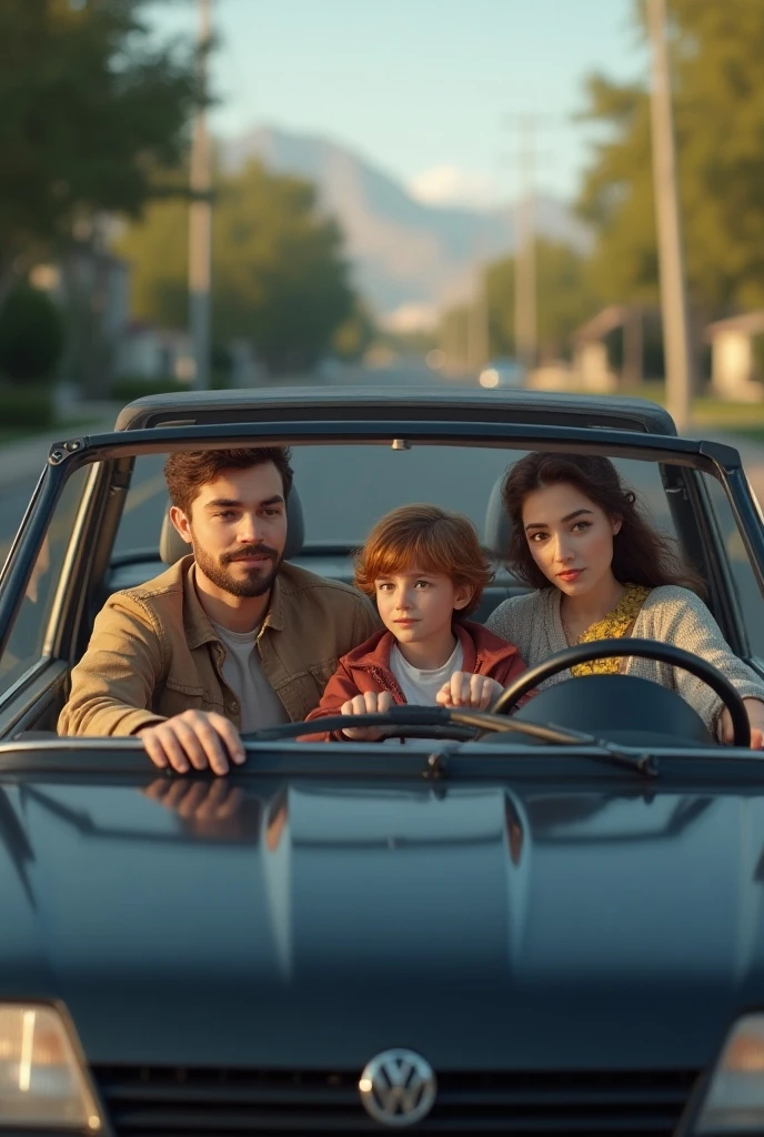 Couple with 4-year-old son next to green Chevette car