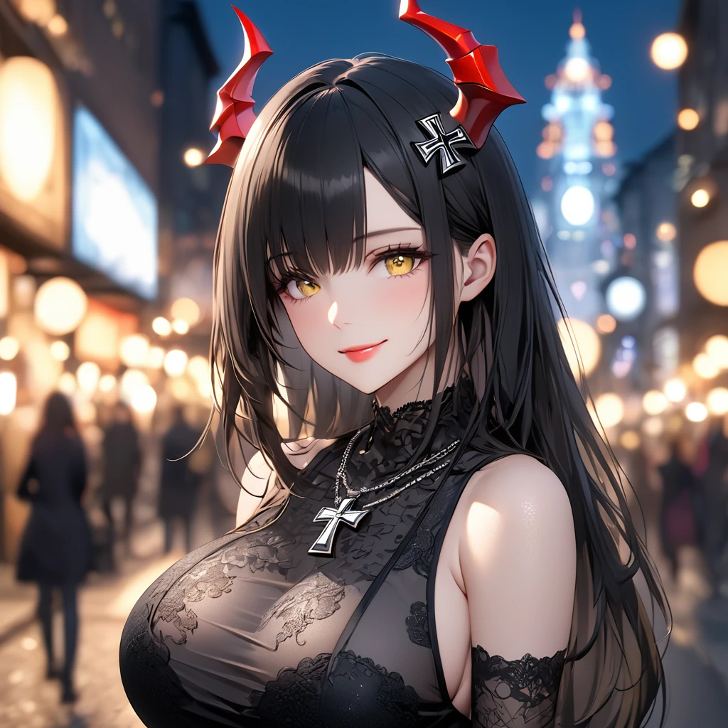 A woman wearing a black sleeveless dress, big breasts, standing, wearing an iron cross necklace, black hair, long hair, red horns, yellow eyes, perfect face, perfect lips, perfect eyes, bangs in the eyes, smiling, in the upper part of a large city, with a view of other buildings, place at night, blurred background, local lighting,masterpiece, accurate, anatomically correct, textured skin, super detail, high quality, best quality, 8k, high resolution, bokeh effect.(solo woman). close view.
