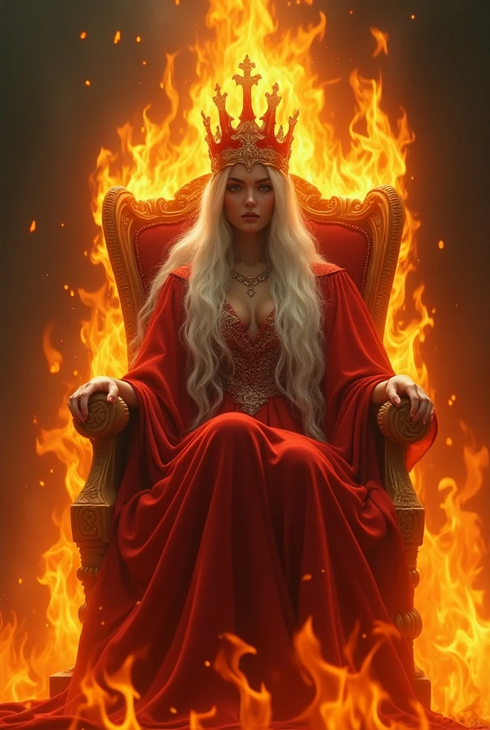 a woman dressed as a sorceress, long candy red robe. with a setro in her hand, with her crown on her head, perched on a beautiful throne, behind her she has a portal open to another dimension.