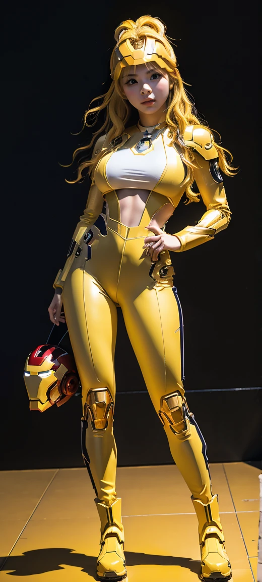 Full Body Photo. Studio Background. 8k HD good quality image. Chaeyoung from TWICE has an ideal body, big breast, big butt, sexy wavy body, straight long hair, wearing a COLOURED Yellow Iron Man armor without the helmet. Yellow Iron pants. Yellow Iron Boots. Mechanical big Yellow hands. FULL BODY FROM HEAD TO TOE. Standing in a FULL HEIGHT FROM HEAD TO TOE. 

The picture must show a complete head to toe picture of Chaeyoung