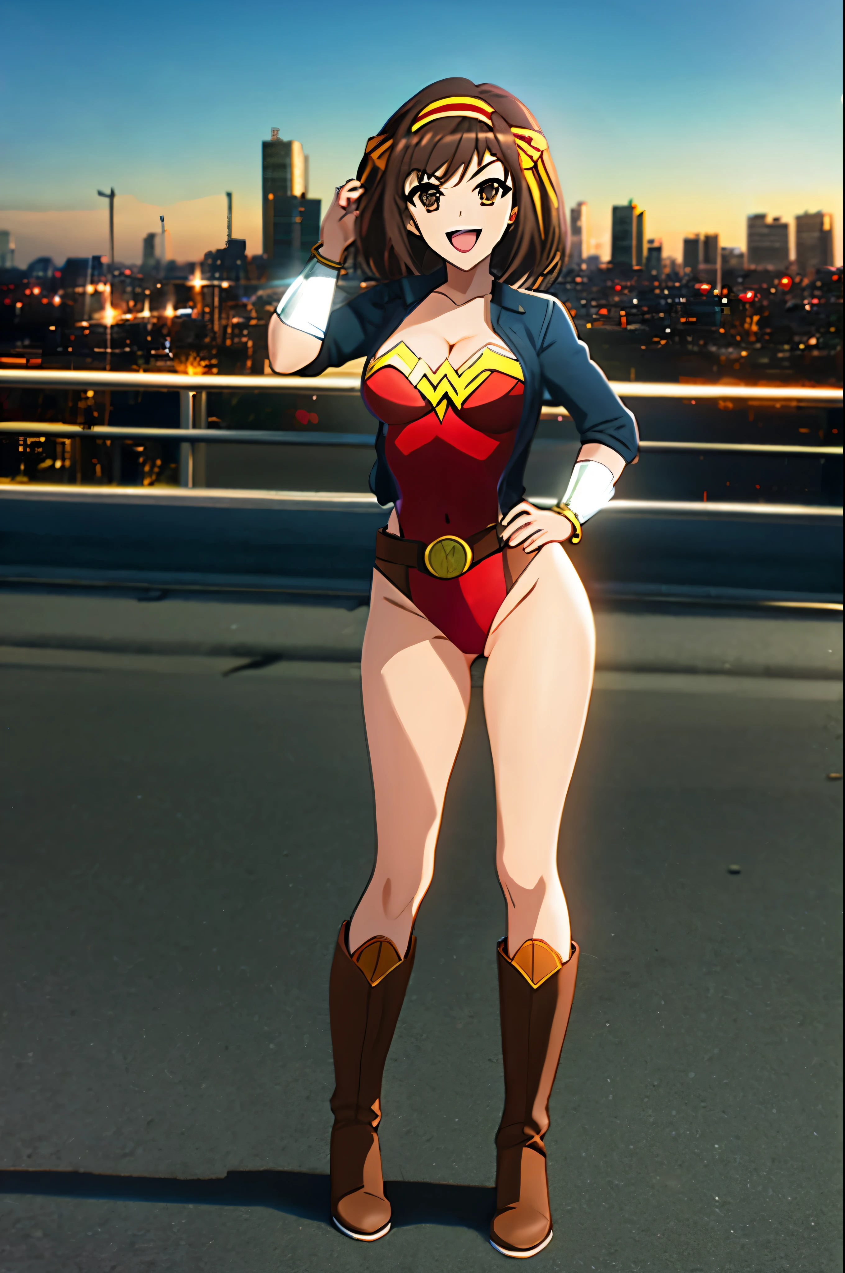 1girl, medium breasts, leotard, wonder woman leotard, tight belt, bare legs, boots, matching boots, bracelets, city backdrop, solo, single, standing, full body shot, cowboy shot, beautiful detailed eyes, haruhi, looking_at_viewer, smile, short_hair, open_mouth, bangs, brown_hair, ribbon, cleavage, brown_eyes, hair_ribbon, :d, hairband, medium_hair, v-shaped_eyebrows, orange_hairband, hand on hip