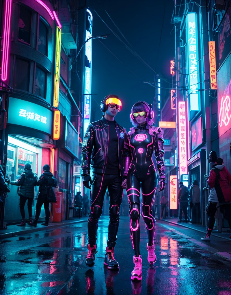 <lora:rudev_Maelstrom:0.7>, maelstrom face, lady and man staying nearly, leather wear, city center in background, neon lighting
