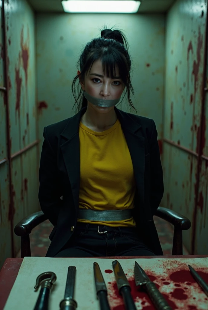 (Vietnamese female detective with her hands and feet tied and her mouth gagged with tape sexy