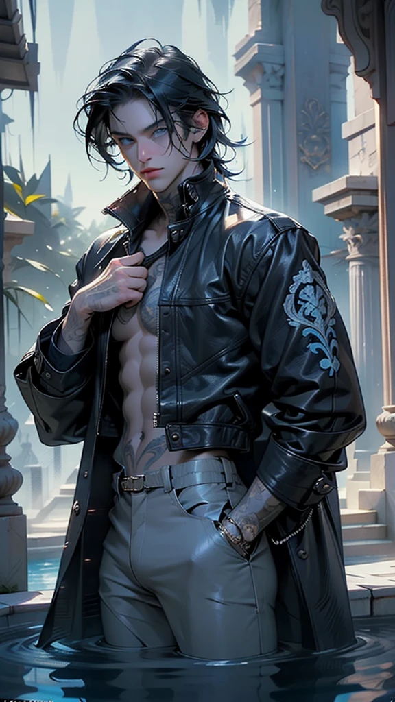 Young guy, Coiling hair, карэ, violet eyes, Ritual tattoos on the body, leather trenchcoat, pants, open torso, smirk, cane, Masterpiece, highly quality