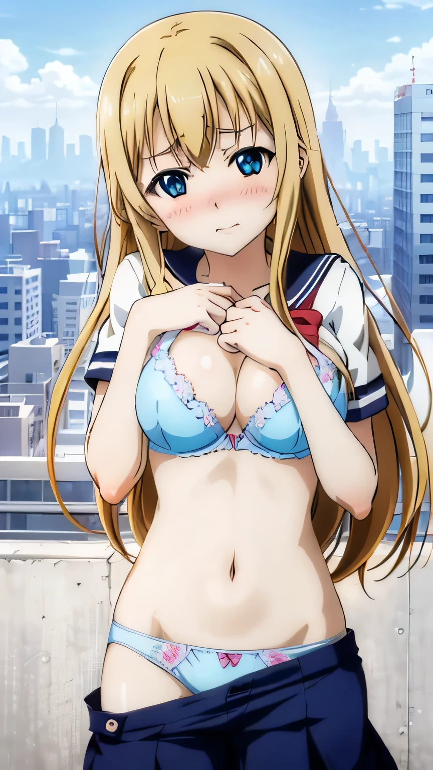 1 female,Blonde long hair,blue eyes, Attractive face,Large Breasts, school uniform,Unbutton your shirt、I can see a white bra、Anime Art, high quality, masterpiece, school rooftop background 、Upper body in underwear、 cute micro bra、 embarrassed face、blush