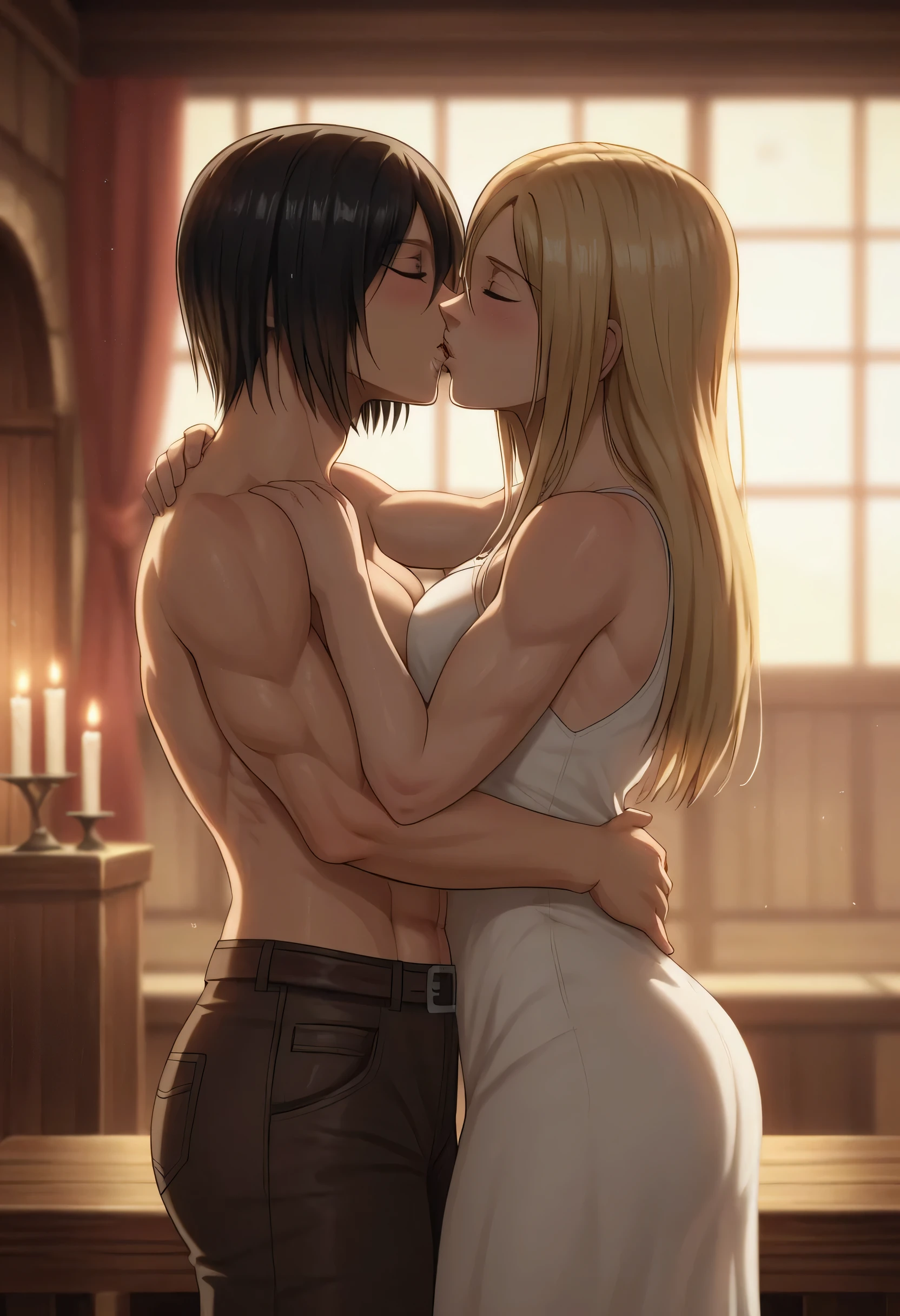 oriana rose, long hair, blonde hair, yellow eyes, drill hair, bangs, blunt bangs,,naked,kiss, arched back, sex from behind