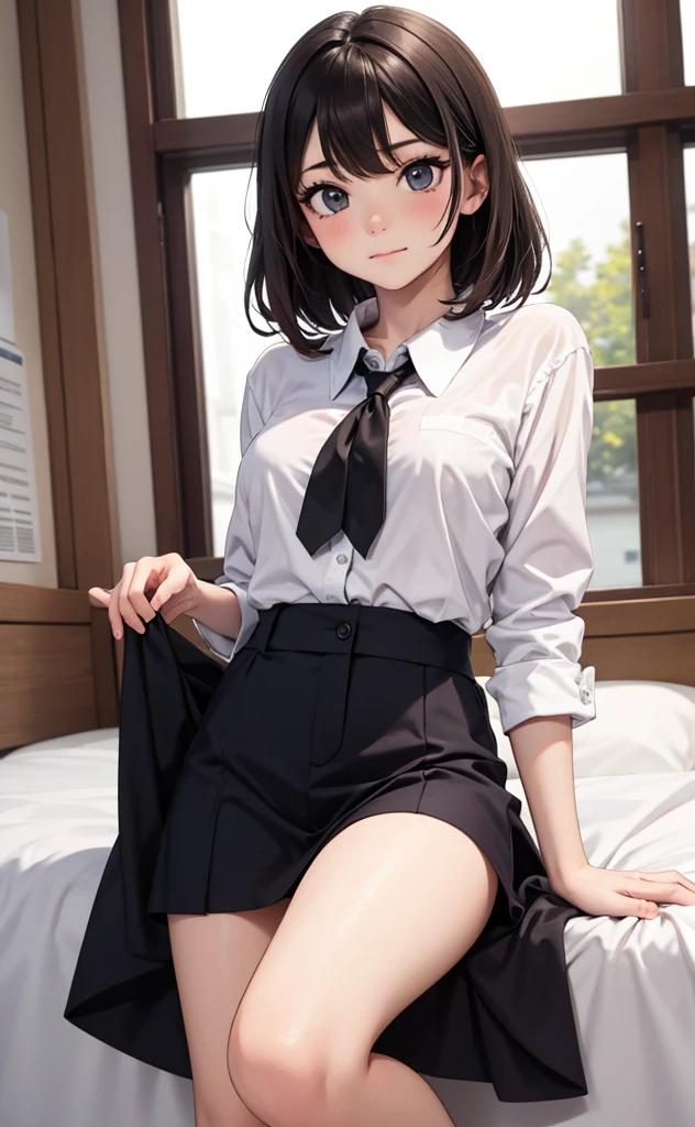 tmasterpiece，best qualtiy，ultra - detailed，illustratio，epic lighting，cinematic compositions，isometry，1girll，独奏，adolable，with brown eye，Black color hair，sweeping bangs，single hair，red hair clips，blouse with a white collar，black necktie，a black skirt，formal，a captivating gaze，captivating posture，inside in room，onbed，looking at viewert，peeking out upper body，Be red in the face，seduct smile，Shut your mouth，(8K:1.1),over knee socks，Lift the skirt，The reveal panties，Bumps，The kinky is exposed，lace panty，Cute panties