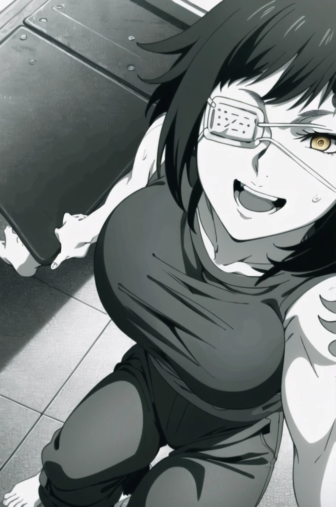 (masterpiece:1.2, Melhor qualidade), ( finely detailed eyes ), ( detailed face ), hyper detail,  intricate details , anime screencap, anime key visual, wallpaper, 1 girl, Alone, Gym training   (laughing, crazy, fun), ( big breasts) panting, (eyepatch), black hair, long hair, (bright yellow eyes),  camouflage tank top naked tits tight black legging pants marking the pussy ,  tattoo of a detailed star , , Muscular,  upper body, facing viewer, monochrome, grayscale, high angle,  detailed gym scene  ,  stretching her legs barefoot yoga class  