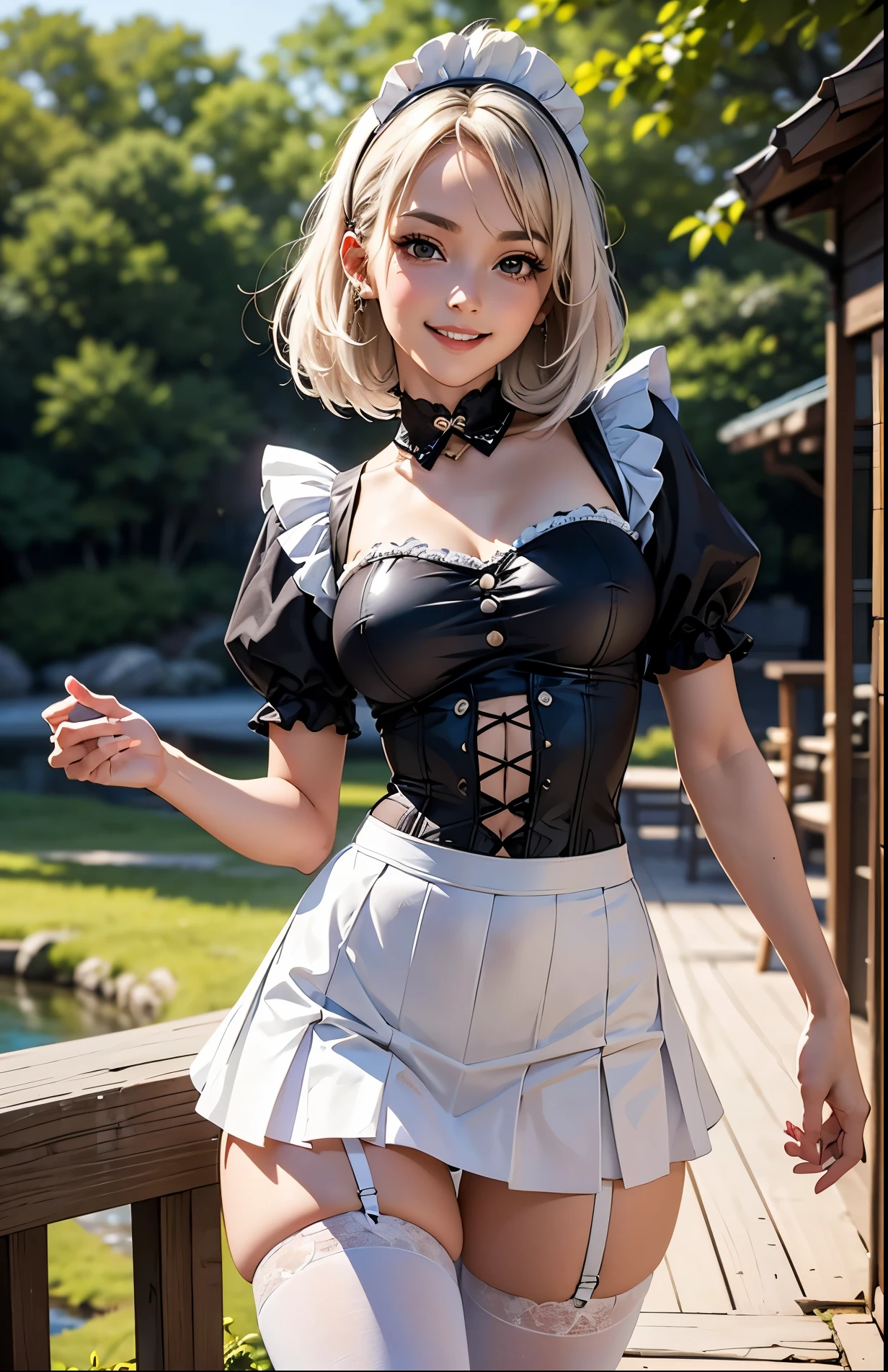 8K,Masterpiece,One woman,Smile,30 years old,blue eyes,Silver Ash Hair,Short Bob Hair,Dutch beauty,Ella Freya(Ella Freya),Gothic Lolita,White skin,Slender figure,Small breasts,Dynamic Angle,skirt lift,Panty Shot,Cat ear,