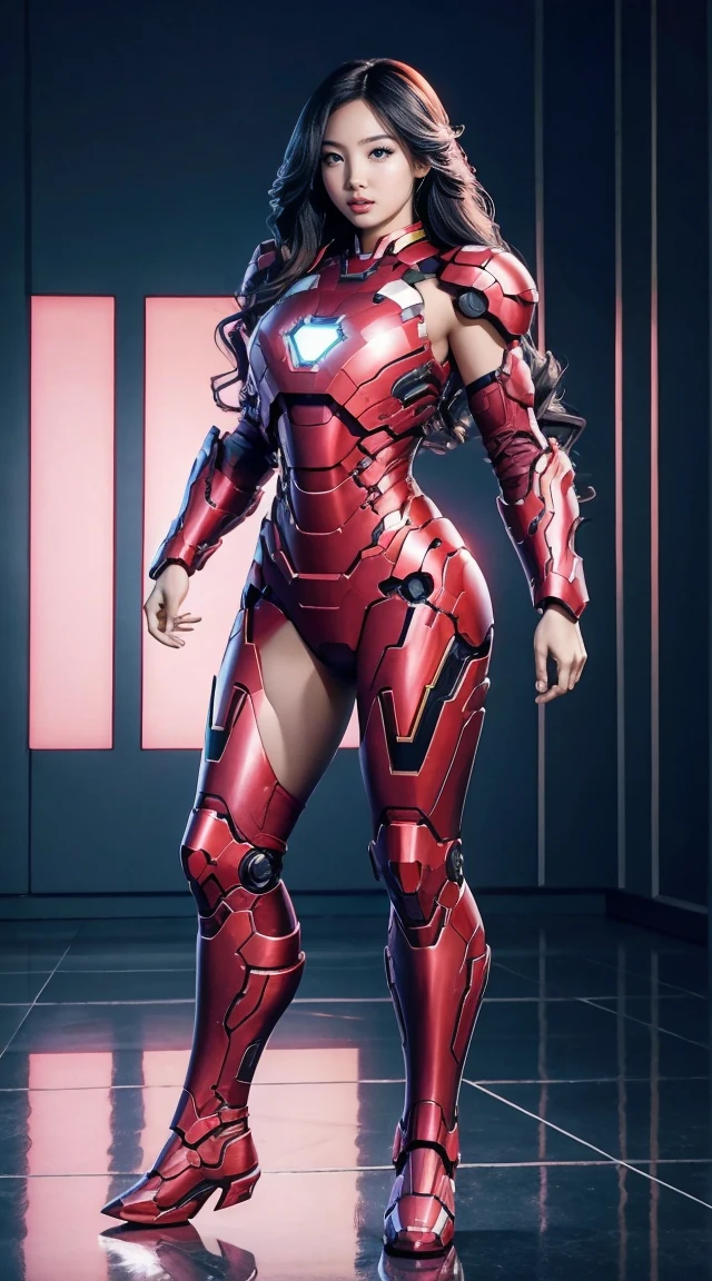 Full Body Photo. Studio Background. 8k HD good quality image. Hot Korean woman has an ideal body, big breast, big butt, sexy wavy body, straight long hair, wearing a COLOURED PINK Iron Man armor without the helmet. FULL BODY FROM HEAD TO TOE. Standing in a FULL HEIGHT FROM HEAD TO TOE. 

The picture must show a complete head to toe picture of the hot Korean