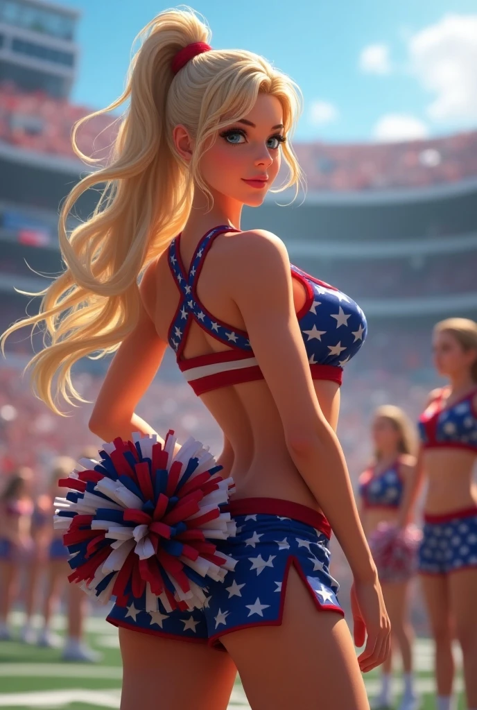 Emilia Clarke, cheerleader outfit, pleated miniskirt, super short miniskirt. crop top, in sports stadium, on football field, thin body, small breasts, (small breasts:1.5)