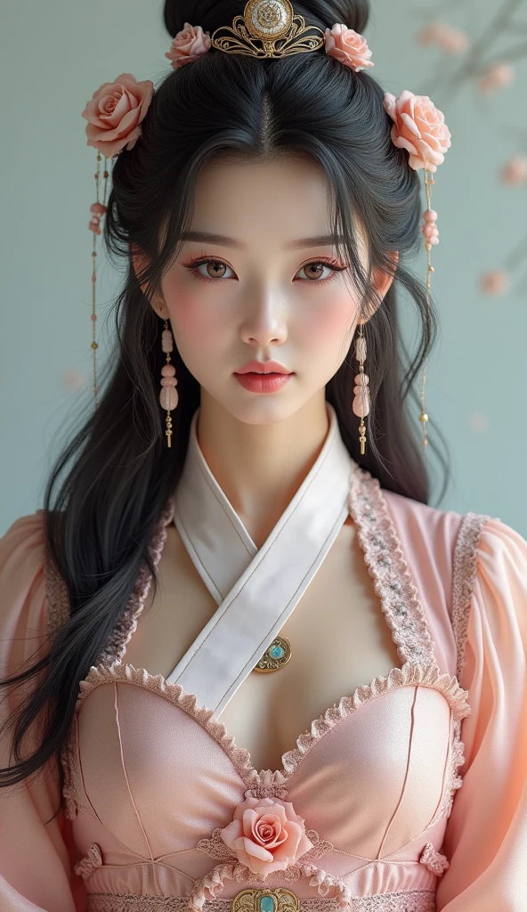1 beautiful girl wearing ancient costumes, ((pink and light white outfit: 0.8)), Long and silky black hair, hair jewelry and necklaces, Beautiful little face Thin eyebrows, the most beautiful and spotless face, the very beautiful eyes, big round black eyes, fine and detailed makeup eyelashes, High nose, wearing earrings,Small red lips, rosy face, Enlarged and round breasts, tight breasts, breast augmentation, Slim and body, slim waist, portrait of a beautiful girl, 8k photo, super high quality, super realistic, 10x super pixels, photo realistic, dark studio, border light, two tone light, (detailed skin) high: 1.2), 8k uhd, dslr, soft light, high quality, volumetric light, candid, Photo, high resolution, 4k quality, 8k, Bokeh, Smooth and sharp, pixel up 10 times, (background space: 1.8), (galaxy: 1.7), aurora, lightning, (Aurora Background: 1.8), upper body, alone, solo,