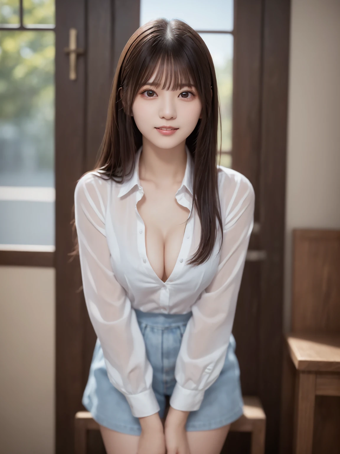 Complex and beautiful eyes、woman、Womanly black hair、(Delicate and realistic hair、1 bottle１Realistic hair)、bangs、Natural Color Lip、smile、((White indoor))、indoor、((18歳woman:1.******ung and adorable Japanese face, Official Art，Highly detailed CG Unity 8k wallpaper，（masterpiece:1.0),(Best Quality:1.0), 超High resolution,4K,Very detailed, photo shoot, 8k, nffsw, High resolution, Kodak Portrait 400, Film Grain, Lens flare glow,高いest quality,8k,nffsw:1.2),Portrait Shot,8k、Show Viewer, (((Front View))), (((Front View))), ((Facing))、Body facing forward、Bold cleavage、Firm breasts、Small face, ((Bare legs))、Highest quality、Super beautiful images、stand up、(肩から頭 : 1.8)、(頭と顔にフォーカス : 1.7)