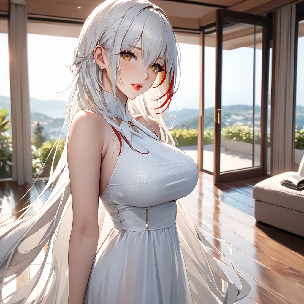 A woman wearing a white dress, sleeveless dress, large breasts, white hair, long hair, red bangs, multicolored hair, yellow eyes, standing outside a luxury house, floor with floor, daytime place with wide view of the sky, perfect face, perfect lips.(Azur_lane, KMS_Agir.)masterpiece, accurate, anatomically correct, textured skin, super detail, high quality, best quality, 8k, high resolution, bokeh effect.(solo woman). close view.
