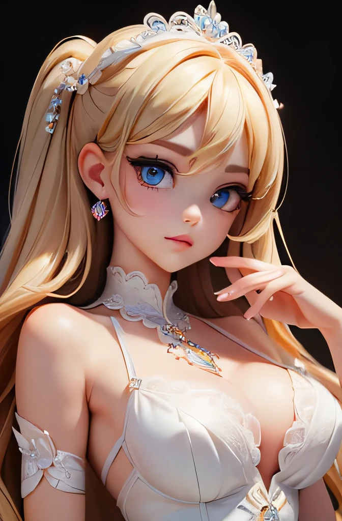 hyperrealistic 14 year old american teen, blonde, perfect tiny body, sexy, big earrings, dark makeup, perfect slim face, big red lips, very cute face, tiny body, big eyes, young looking, childish looking, wedding dress