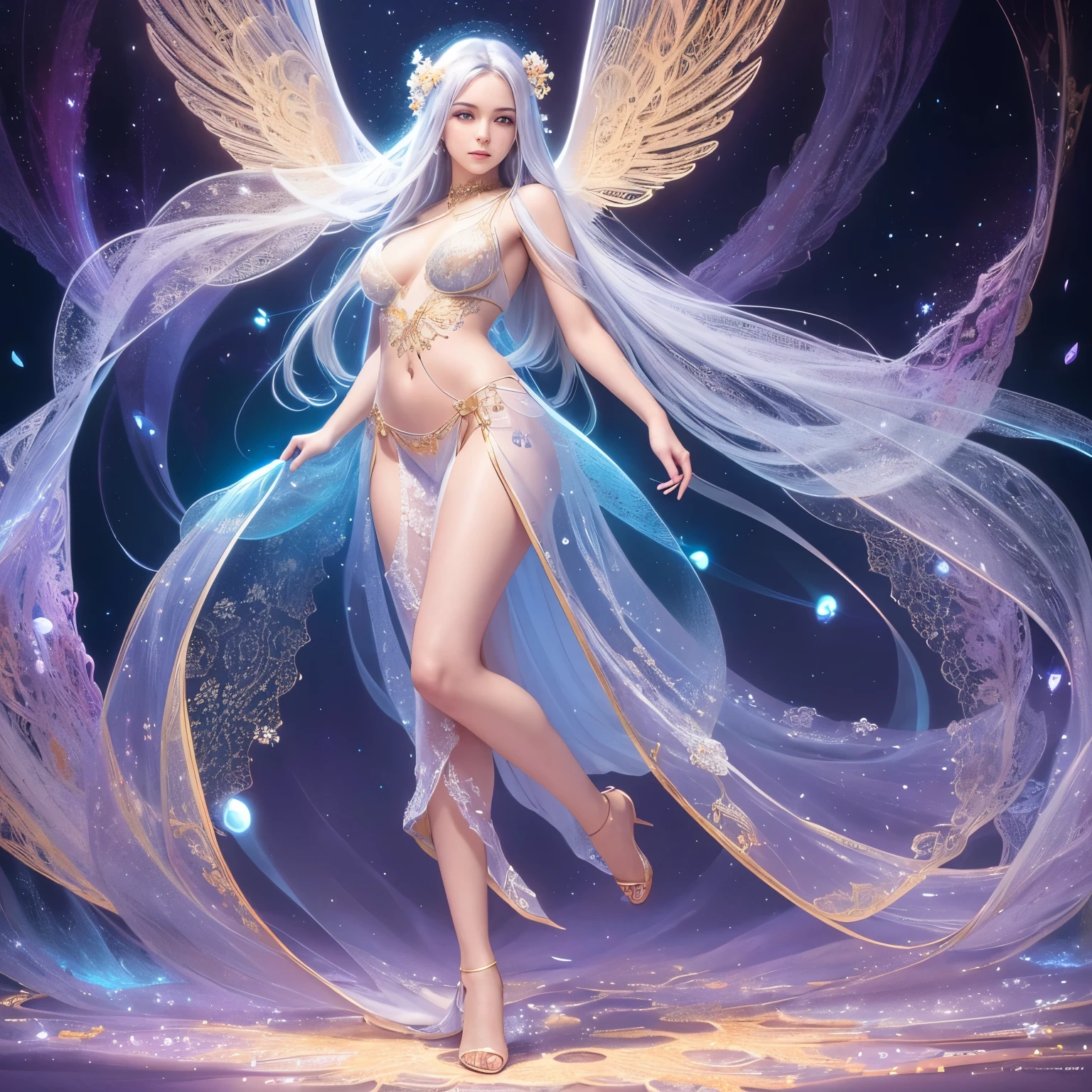 Anime girl with white hair and blue dress surrounded by flowers, astral fairy, big white glowing wings, Beautiful celestial mage, White-haired god, ethereal wings, Kushatt Krenz Key Art Women, Anime fantasy artwork, space flower fairy, Anime fantasy illustration, by Yang J, Beautiful young wind spirit, 8k hd wallpaperjpeg artifact, Irelia