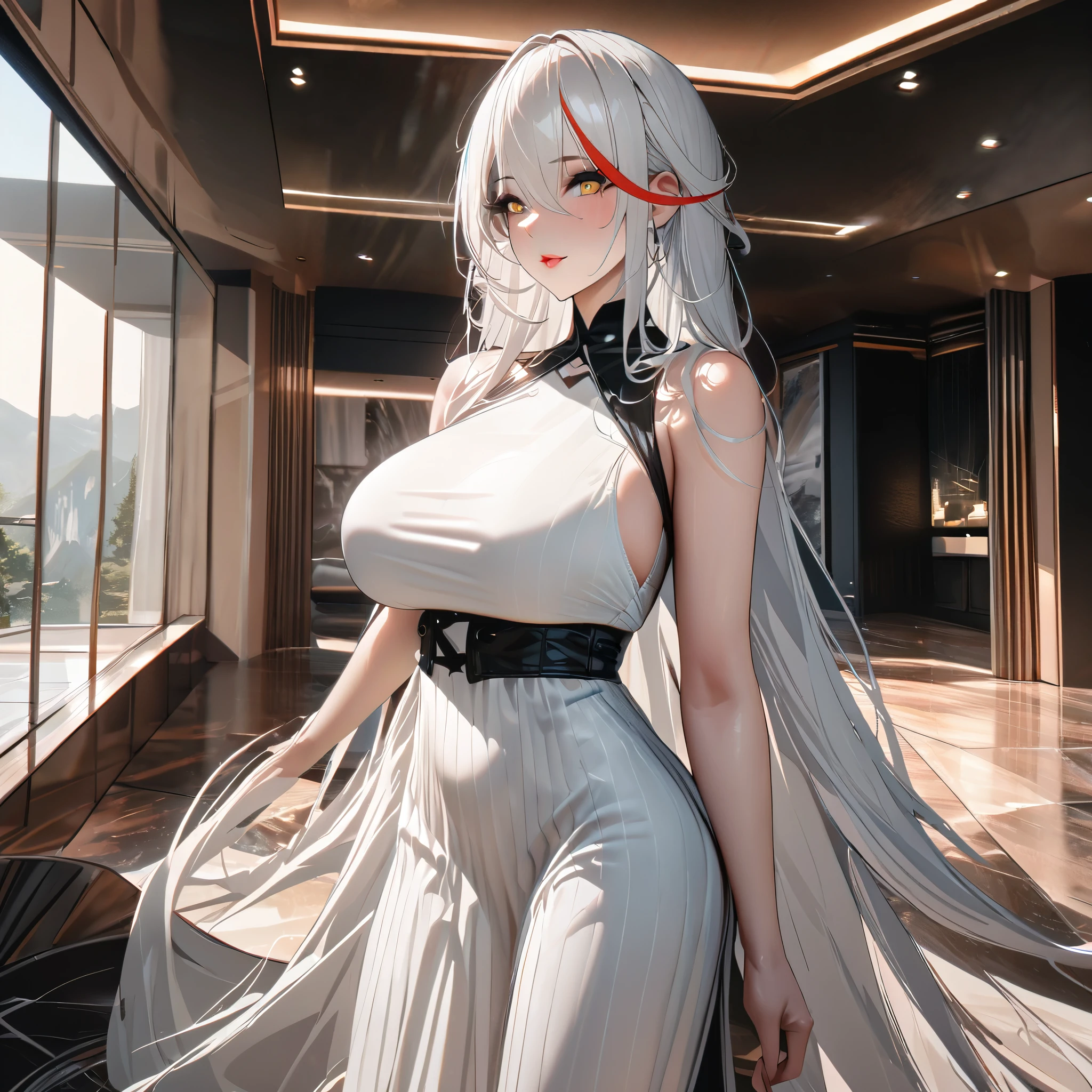 A woman wearing a white dress, sleeveless dress, large breasts, white hair, long hair, red bangs, multicolored hair, yellow eyes, standing outside a luxury house, floor with floor, daytime place with wide view of the sky, perfect face, perfect lips.(Azur_lane, KMS_Agir.)masterpiece, accurate, anatomically correct, textured skin, super detail, high quality, best quality, 8k, high resolution, bokeh effect.(solo woman). close view.
