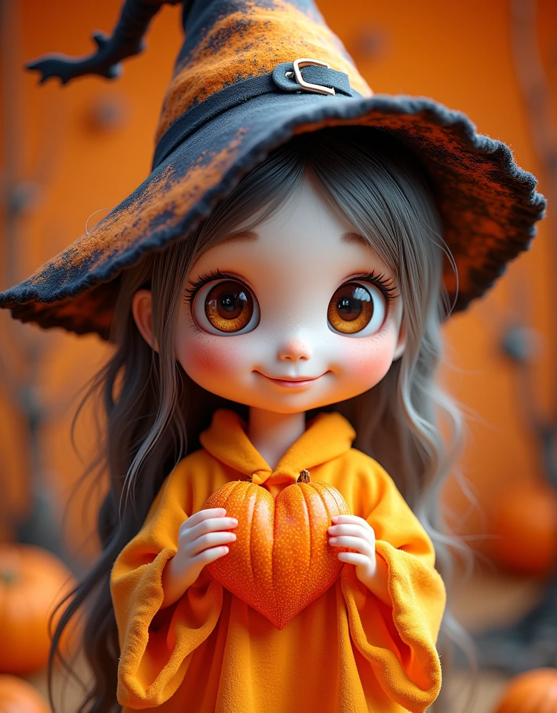  A cute naughty girl ， An unexpected Halloween costume ，Halloween ，Playful expression， Wearing a colorful witch costume ，Wearing a soft hat ， Beautiful and detailed eyes ，Cheerful smile， Surrounded by playful decorations such as pumpkins and nets， bright colors ，Soft and warm lighting， Fun and festive atmosphere 