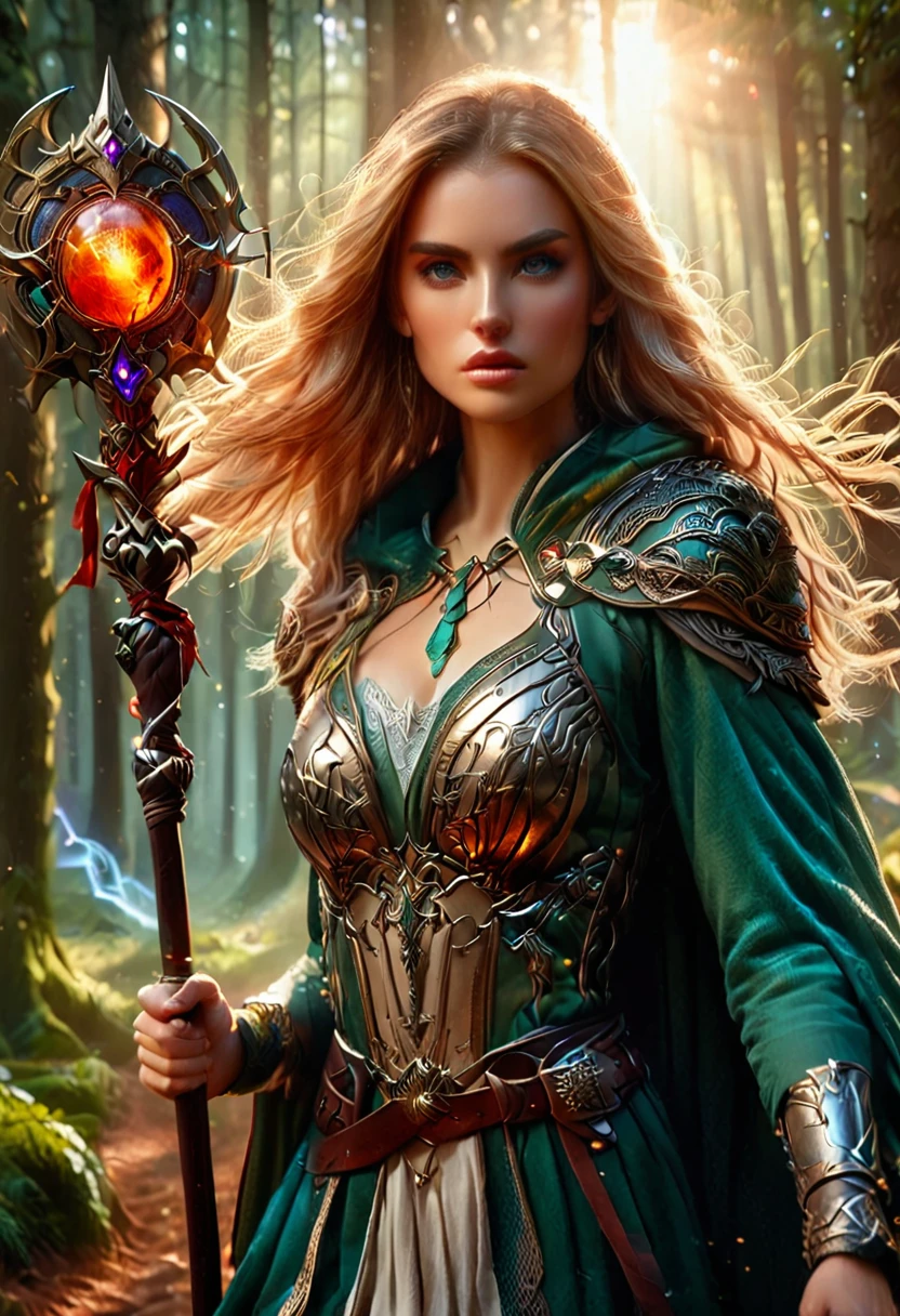 A female guardian, holding a sword and shield, in a battleground backdrop. (best quality:1.2),ultra-detailed,realistic, HDR, highres, extreme detail description, professional, vibrant colors, physically-based rendering, studio lighting, fine painting, sharp focus, vivid colors, bokeh, portraits, fantasy, intense action, powerful stance, golden armor, flowing cape, fierce expression, dramatic lighting, dynamic composition, breathtaking fantasy scene.