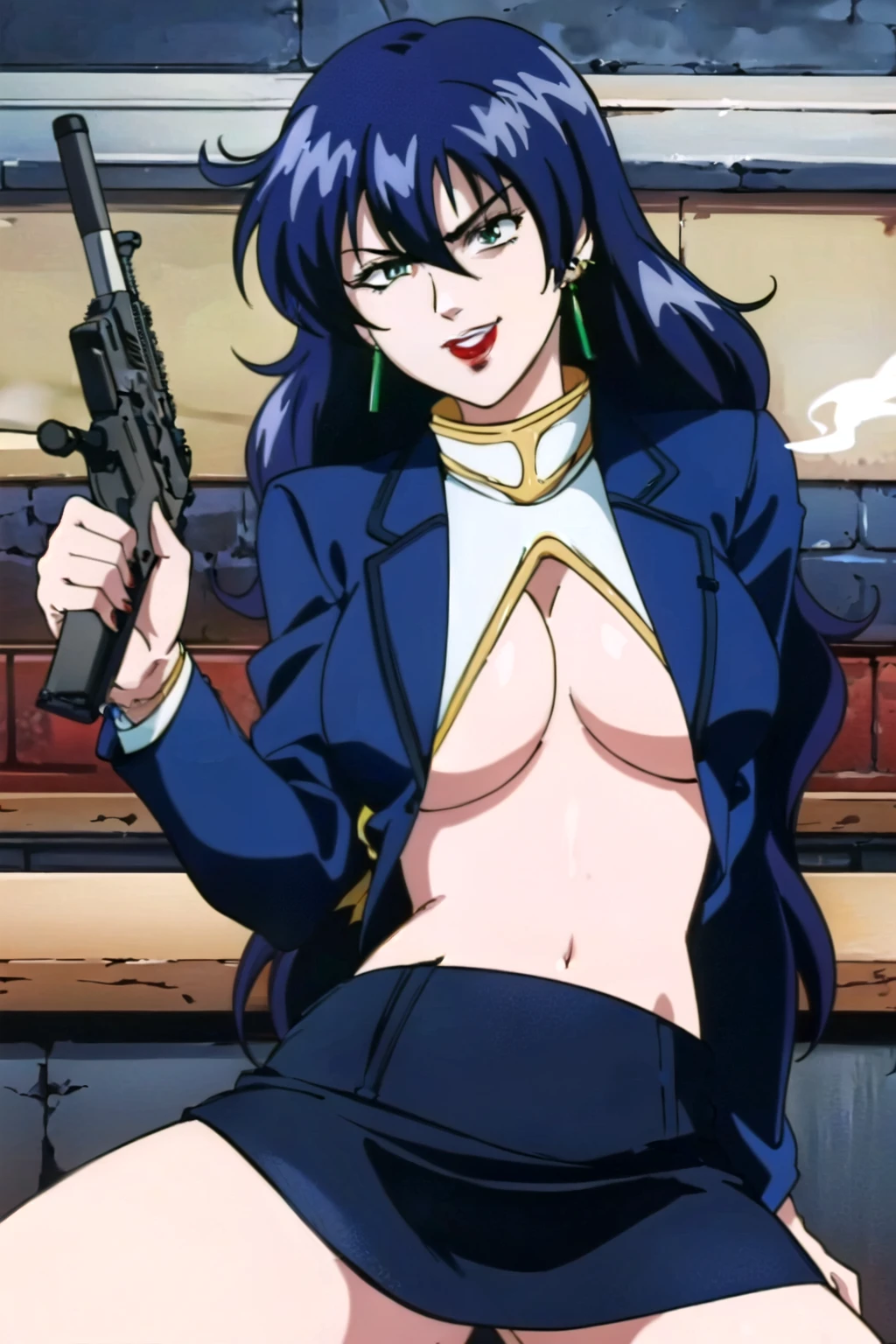 Karla,1girl,
long hir,black hair,purple eyes,purple lips,
masterpiece, best quality, ((unbuttoned school uniform, cleavage, necklace, earrings, sexy body,
breasticro skirt, smiling, navel , exposed belly, exposed navel,(nsfw) not safe for work,school,
classroom , holding a gun, hold a gun