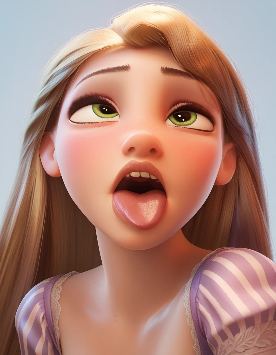 rapunzel, blond hair, green eyes, just the face, ahegao, looking at the viewer, simple background 