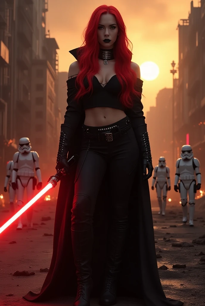 (full body shot:1) photorealistic image of a (standing pose:1) ultrarealistic, photography, long red hair, woman, 24 years old, hourglass figure, perfect body, seductive look, natural medium breasts, blur background, in complete darkness, she is wearing a sith robe, she is holding one red lightsaber, the lightsaber is the only lightsource on a dark destroyed spacestation, she is in a battle ready pose, an army of stormtroopers is behind her