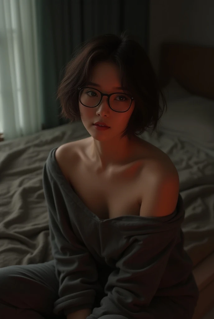 8K shooting, ((Japanese Mature)), ((60 years old:1.4)), ((old woman:1.3)), Japanese Mature Wife, Browsing Caution, One Woman, Small breasts, ((Small breasts)) , ((Flat Chest)), ((Saggy breasts)), ((Full nudity)), Nipples, Low Ponytail, hair mixed with gray hair, ((Frame glasses)), ((Red lipstick)), Old folk house at night, On the futon, Candlelight, Spread your legs and show me your pussy, Vibrator Masturbation, Pussy juice