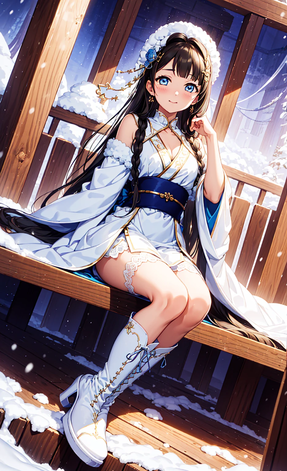 saint，Attractions， Have Fun ，in love，(Western Magic White Dress)，Suitable for transparent clothes，Sky blue cloth，snow花图案，Sky blue pattern，snowy night，Transparent lace，Exquisite clothing，Sitting，The only person，Japanese Garden，(night:1.1)，snow，(Long suspender boots:1.1)， Exquisite and beautiful face，Sitting，Golden Eyes