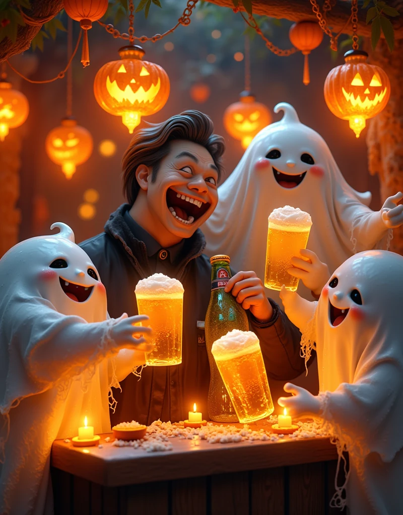 In a vibrant Hong Kong bar, a group of mischievous ghosts and a Hong Kong man gather to raise their glasses in a toast. The atmosphere is electric with Halloween revelry, as they savor the crisp taste of Asahi Japanese beer. The Pixar-inspired scene bursts with Ultra-detailed masterpieces: candles flicker, lanterns glow, and jack-o'-lantern smiles playfully amidst cobweb-covered decorations. Spirits mingle, laughing and chatting as the bartender expertly crafts a bewitching brew. Display Aaahi beer prominently