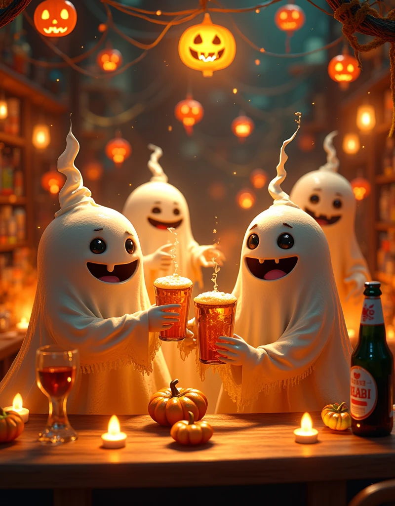 In a vibrant Hong Kong bar, a group of mischievous ghosts and a Hong Kong man gather to raise their glasses in a toast. The atmosphere is electric with Halloween revelry, as they savor the crisp taste of Asahi Japanese beer. The Pixar-inspired scene bursts with Ultra-detailed masterpieces: candles flicker, lanterns glow, and jack-o'-lantern smiles playfully amidst cobweb-covered decorations. Spirits mingle, laughing and chatting as the bartender expertly crafts a bewitching brew. Display Aaahi beer prominently