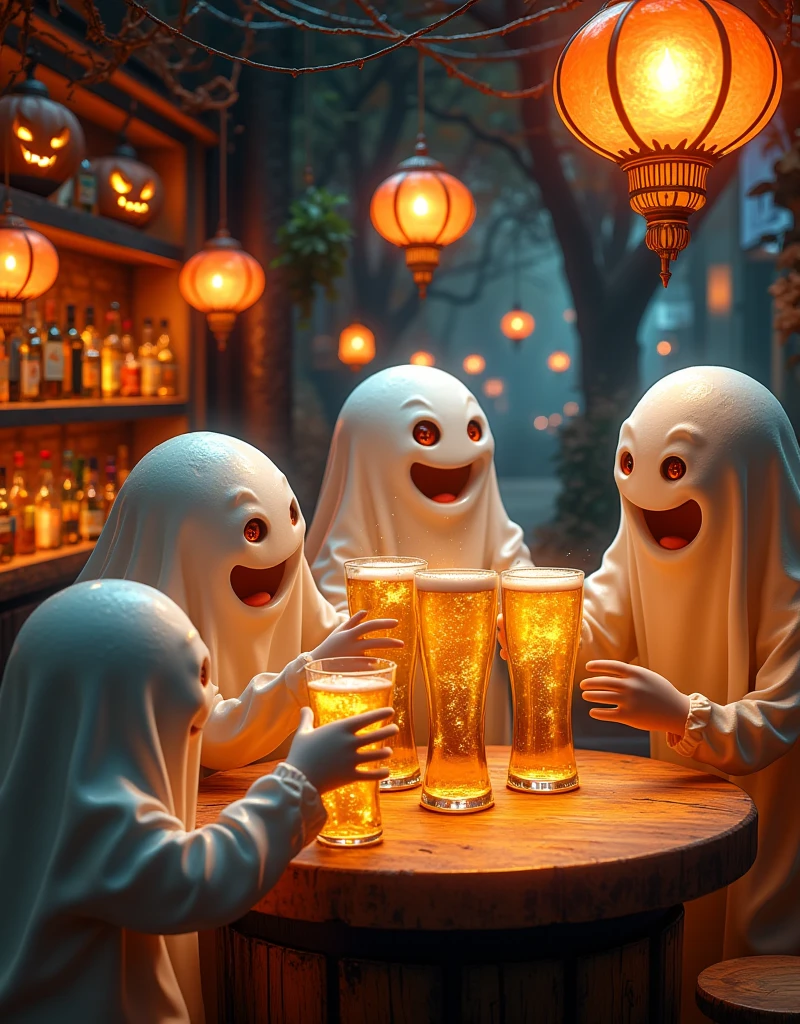 In a vibrant Hong Kong bar, a group of mischievous ghosts and a Hong Kong man gather to raise their glasses in a toast. The atmosphere is electric with Halloween revelry, as they savor the crisp taste of Asahi Japanese beer. The Pixar-inspired scene bursts with Ultra-detailed masterpieces: candles flicker, lanterns glow, and jack-o'-lantern smiles playfully amidst cobweb-covered decorations. Spirits mingle, laughing and chatting as the bartender expertly crafts a bewitching brew. Display Aaahi beer prominently